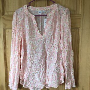 NWT Gap Women's Long Sleeve Floral Popover Tops in Pink Daisy Print - Sz M